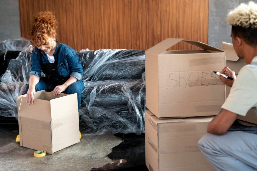 Two people packing and labeling cardboard boxes while preparing for a move.