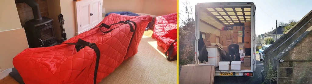 Furniture wrapped in protective covers and a moving van filled with boxes during a house move